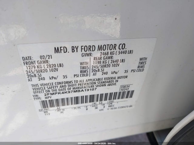 2021 Ford Edge Titanium მანქანა იყიდება აუქციონზე, vin: 2FMPK4K97MBA19107, აუქციონის ნომერი: 44953859