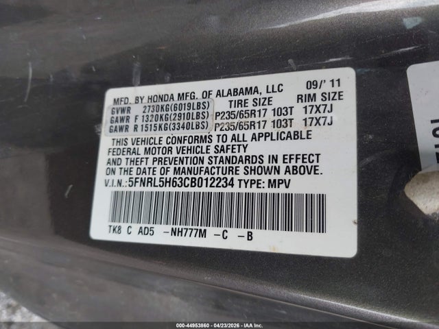 Aukcja sprzedaży 2012 Honda Odyssey Ex-l, vin: 5FNRL5H63CB012234, numer aukcji: 44953860