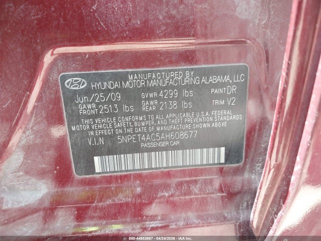 2010 Hyundai Sonata Gls მანქანა იყიდება აუქციონზე, vin: 5NPET4AC5AH608677, აუქციონის ნომერი: 44953867