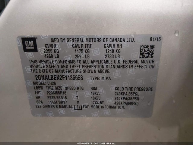 Aukcja sprzedaży 2015 Chevrolet Equinox 1lt, vin: 2GNALBEK2F1136653, numer aukcji: 44953872
