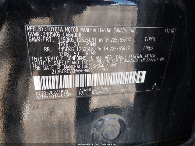 Aukcja sprzedaży 2017 Toyota Rav4 Le, vin: 2T3BFREVXHW569980, numer aukcji: 44953874