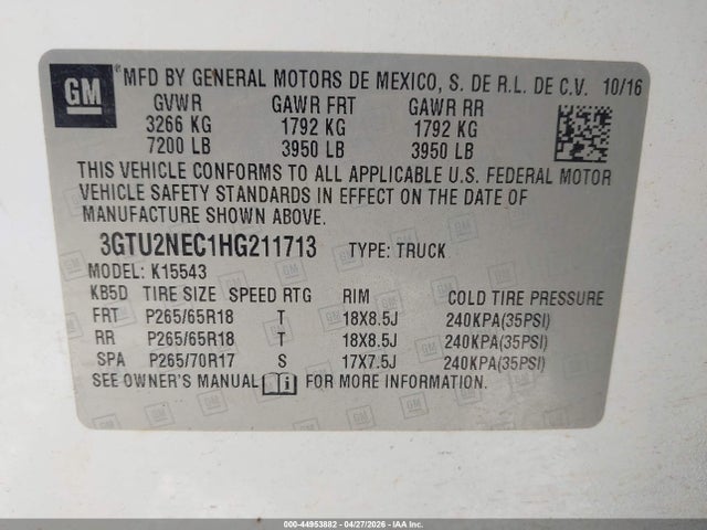Aukcja sprzedaży 2017 Gmc Sierra 1500 Slt, vin: 3GTU2NEC1HG211713, numer aukcji: 44953882