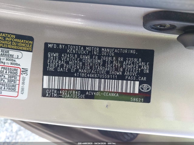 44953920 :رقم المزاد ، 4T1BE46K67U559111 vin ، 2007 Toyota Camry Le مزاد بيع