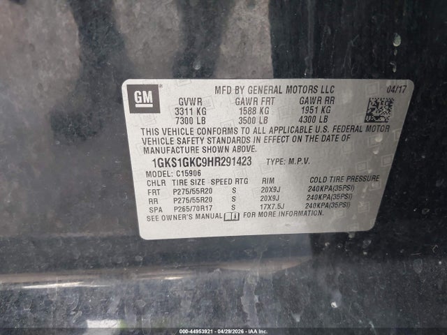 Aukcja sprzedaży 2017 Gmc Yukon Xl Slt, vin: 1GKS1GKC9HR291423, numer aukcji: 44953921