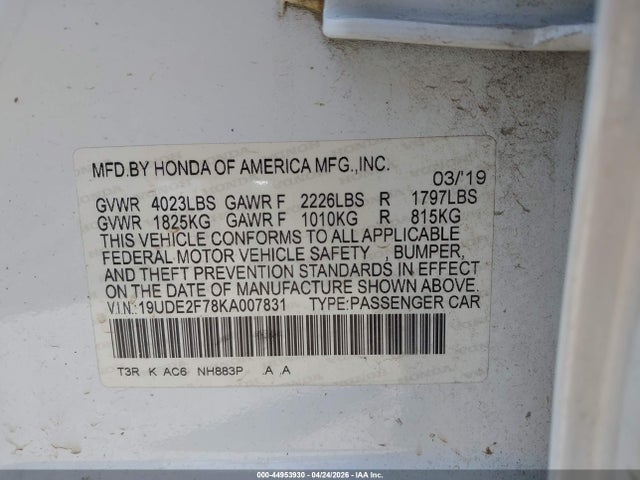 44953930 :رقم المزاد ، 19UDE2F78KA007831 vin ، 2019 Acura Ilx Premium Package/technology Package مزاد بيع