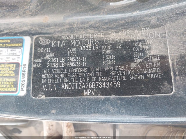 2011 Kia Soul + მანქანა იყიდება აუქციონზე, vin: KNDJT2A26B7343459, აუქციონის ნომერი: 44953935