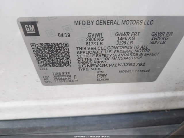 44953937 :رقم المزاد ، 1GNEVGKW1KJ281781 vin ، 2019 Chevrolet Traverse 1lt مزاد بيع