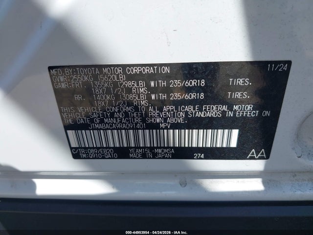 44953954 :رقم المزاد ، JTMABACA9RA091401 vin ، 2024 Toyota Bz4x Xle مزاد بيع