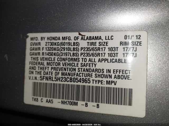 Aukcja sprzedaży 2012 Honda Odyssey Lx, vin: 5FNRL5H23CB054965, numer aukcji: 44953959