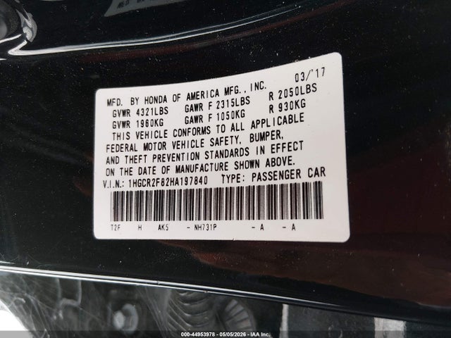 Продаж на аукціоні авто 2017 Honda Accord Ex-l, vin: 1HGCR2F82HA197840, номер лоту: 44953978