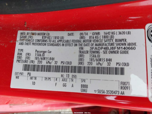Ford FIESTA SE 2015 3FADP4BJ8FM140660 Image 9