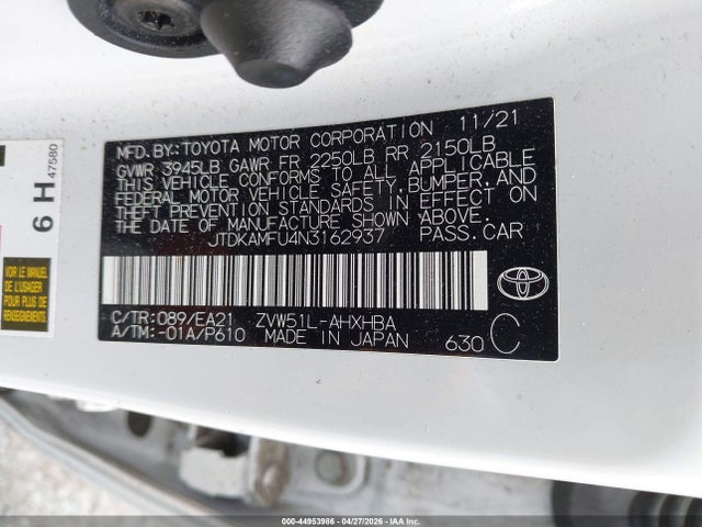 Aukcja sprzedaży 2022 Toyota Prius Limited, vin: JTDKAMFU4N3162937, numer aukcji: 44953986