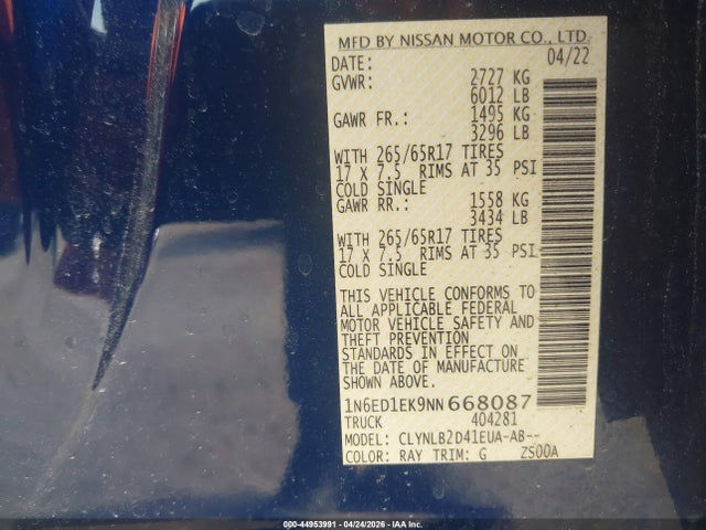 1N6ED1EK9NN668087 Nissan Frontier Sv 4x4