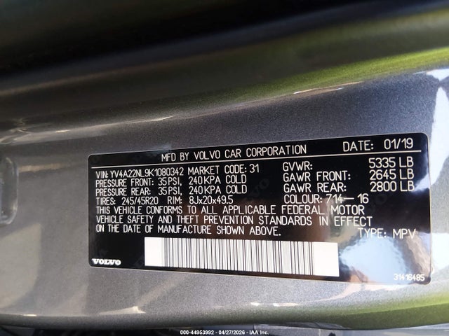 2019 Volvo V90 Cross Country T6 მანქანა იყიდება აუქციონზე, vin: YV4A22NL9K1080342, აუქციონის ნომერი: 44953992