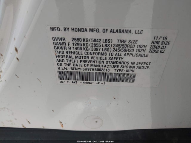 5FNYF6H97HB002218 Honda Pilot Touring