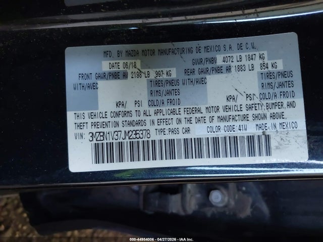 Aukcja sprzedaży 2018 Mazda Mazda3 Touring, vin: 3MZBN1V37JM235378, numer aukcji: 44954006