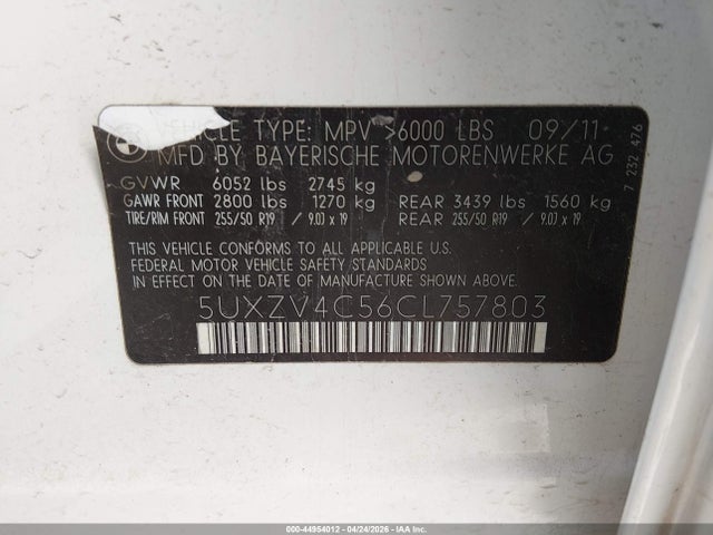 44954012 :رقم المزاد ، 5UXZV4C56CL757803 vin ، 2012 Bmw X5 مزاد بيع