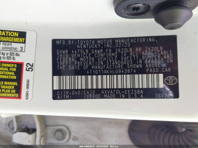 2020 Toyota Camry Se მანქანა იყიდება აუქციონზე, vin: 4T1G11AK4LU943874, აუქციონის ნომერი: 44954019