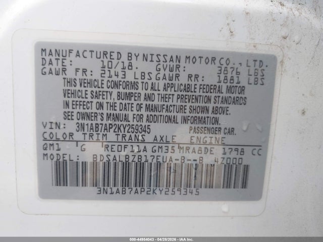Aukcja sprzedaży 2019 Nissan Sentra S, vin: 3N1AB7AP2KY259345, numer aukcji: 44954043