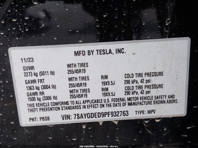 44954068 :رقم المزاد ، 7SAYGDED9PF932763 vin ، 2023 Tesla Model Y Rwd مزاد بيع