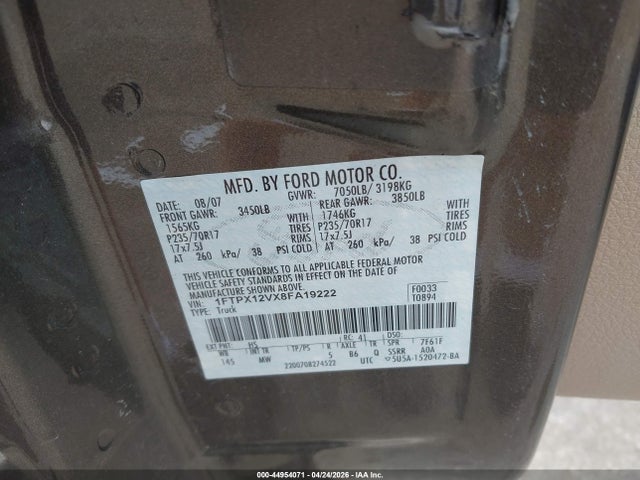 Продажа на аукционе авто 2008 Ford F-150 Fx2/lariat/xl/xlt, vin: 1FTPX12VX8FA19222, номер лота: 44954071