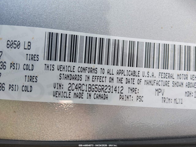 2016 Chrysler Town & Country Touring მანქანა იყიდება აუქციონზე, vin: 2C4RC1BG5GR231412, აუქციონის ნომერი: 44954073