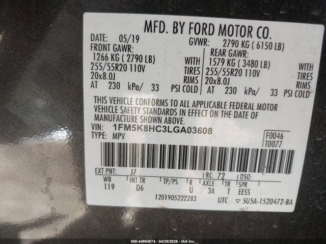 Продажа на аукционе авто 2020 Ford Explorer Platinum, vin: 1FM5K8HC3LGA03608, номер лота: 44954074