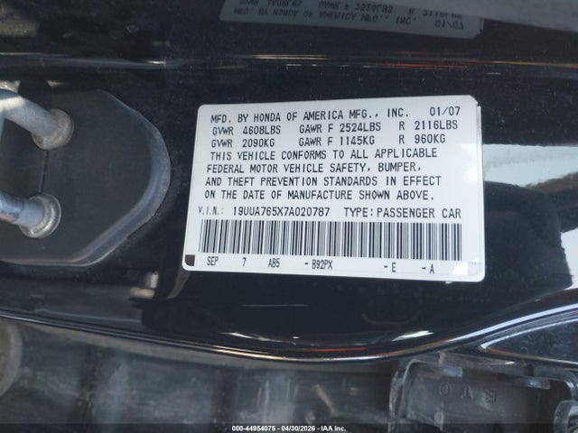 Продаж на аукціоні авто 2007 Acura Tl Type S, vin: 19UUA765X7A020787, номер лоту: 44954075