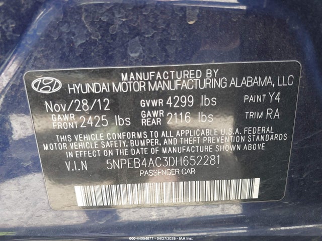 Aukcja sprzedaży 2013 Hyundai Sonata Gls, vin: 5NPEB4AC3DH652281, numer aukcji: 44954077