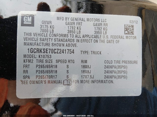 44954091 :رقم المزاد ، 1GCRKSE70CZ241754 vin ، 2012 Chevrolet Silverado 1500 Lt مزاد بيع