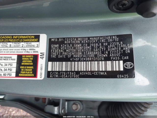Aukcja sprzedaży 2011 Toyota Camry Le, vin: 4T4BF3EK0BR131378, numer aukcji: 44954109