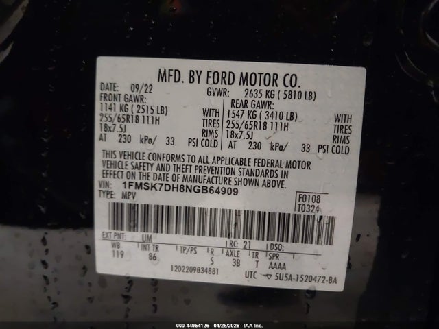 Продажа на аукционе авто 2022 Ford Explorer Xlt, vin: 1FMSK7DH8NGB64909, номер лота: 44954126