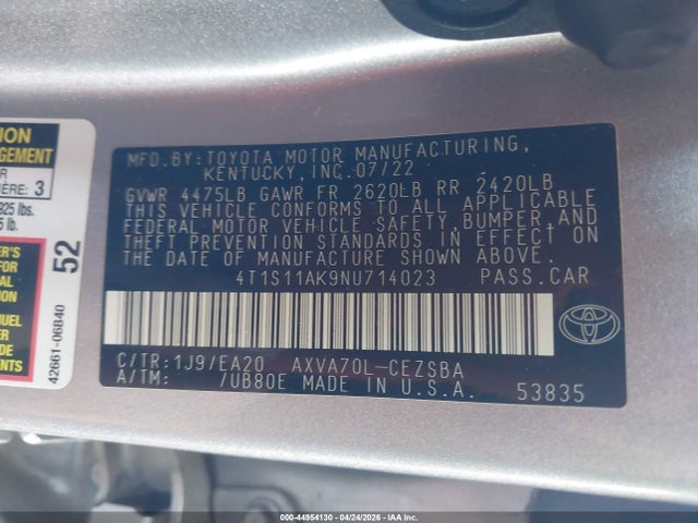Aukcja sprzedaży 2022 Toyota Camry Se, vin: 4T1S11AK9NU714023, numer aukcji: 44954130