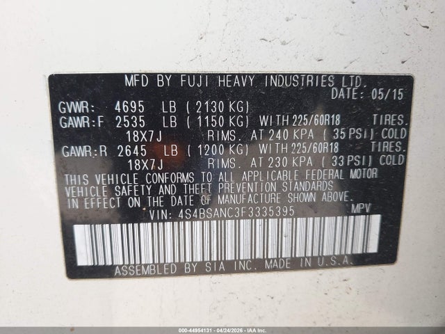 44954131 :رقم المزاد ، 4S4BSANC3F3335395 vin ، 2015 Subaru Outback 2.5i Limited مزاد بيع