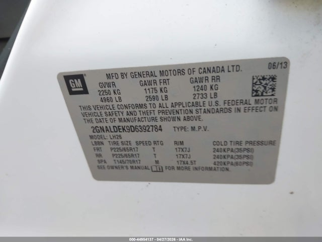 44954137 :رقم المزاد ، 2GNALDEK9D6392784 vin ، 2013 Chevrolet Equinox 1lt مزاد بيع