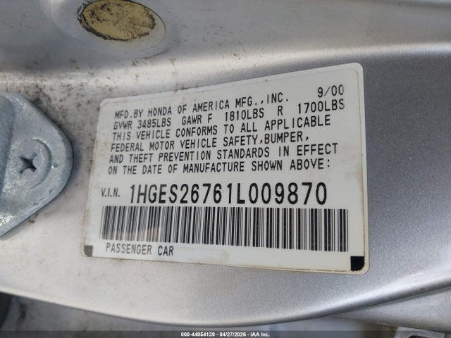 Aukcja sprzedaży 2001 Honda Civic Ex, vin: 1HGES26761L009870, numer aukcji: 44954139
