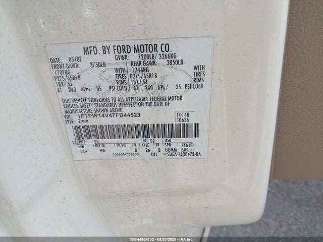 Продажа на аукционе авто 2007 Ford F-150 Fx4/lariat/xlt, vin: 1FTPW14V47FB44523, номер лота: 44954152