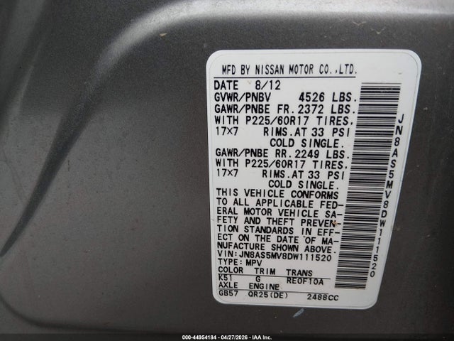 2013 Nissan Rogue Sv მანქანა იყიდება აუქციონზე, vin: JN8AS5MV8DW111520, აუქციონის ნომერი: 44954184