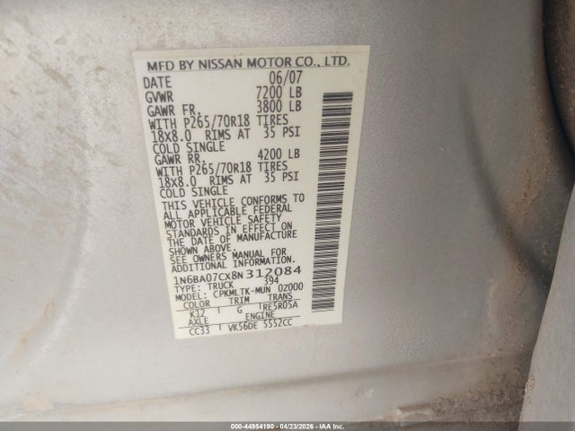 Aukcja sprzedaży 2008 Nissan Titan Se, vin: 1N6BA07CX8N312084, numer aukcji: 44954190