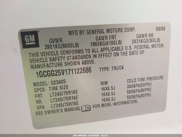 44954206 :رقم المزاد ، 1GCGG25V171122686 vin ، 2007 Chevrolet Express Work Van مزاد بيع