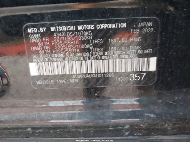2022 Mitsubishi Outlander Sport 2.0 Be 2wd/2.0 Es 2wd/2.0 Le 2wd/2.0 S 2wd მანქანა იყიდება აუქციონზე, vin: JA4APUAUXNU011266, აუქციონის ნომერი: 44954207