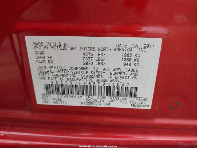 44954220 :رقم المزاد ، 4A32B3FF8BE031547 vin ، 2011 Mitsubishi Galant Es/se مزاد بيع