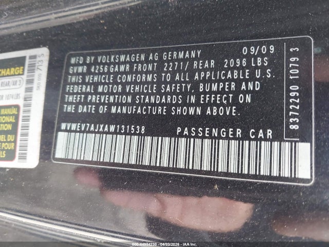 2010 Volkswagen Gti 2-door მანქანა იყიდება აუქციონზე, vin: WVWEV7AJXAW131538, აუქციონის ნომერი: 44954230