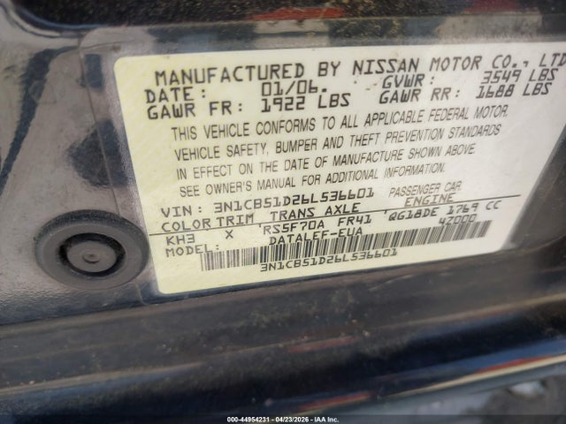 44954231 :رقم المزاد ، 3N1CB51D26L536601 vin ، 2006 Nissan Sentra 1.8s مزاد بيع