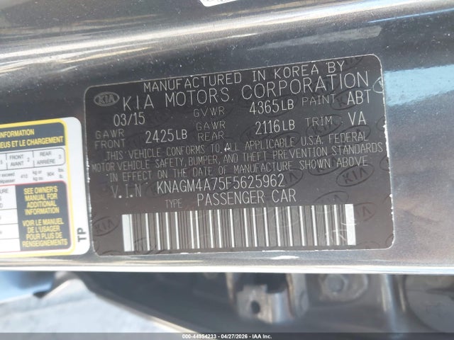 44954233 :رقم المزاد ، KNAGM4A75F5625962 vin ، 2015 Kia Optima Lx مزاد بيع