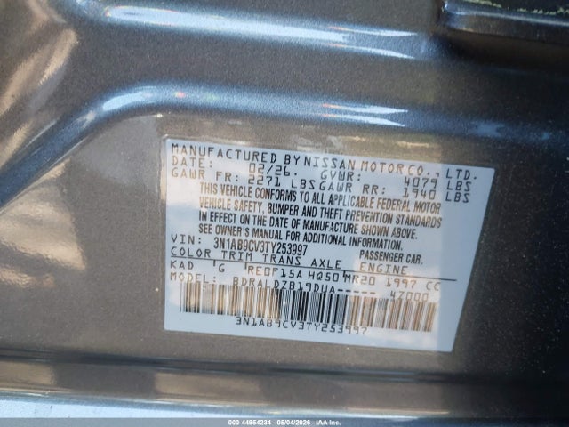 Продажа на аукционе авто 2026 Nissan Sentra Sv, vin: 3N1AB9CV3TY253997, номер лота: 44954234