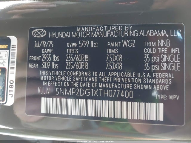 Aukcja sprzedaży 2026 Hyundai Santa Fe Hybrid Sel, vin: 5NMP2DG1XTH077400, numer aukcji: 44954237