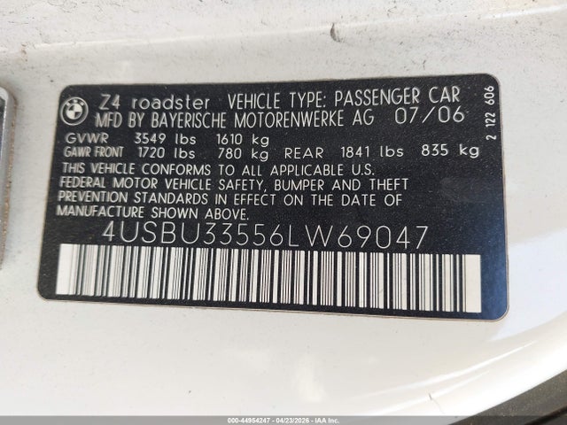 44954247 :رقم المزاد ، 4USBU33556LW69047 vin ، 2006 Bmw Z4 3.0i مزاد بيع