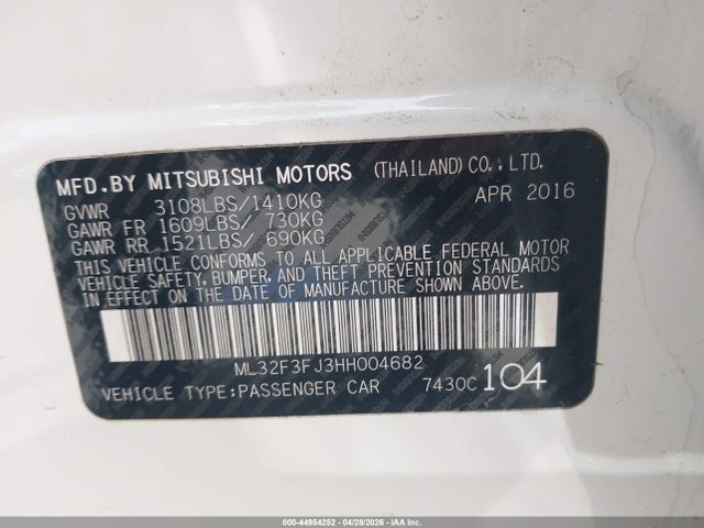 Aukcja sprzedaży 2017 Mitsubishi Mirage G4 Es, vin: ML32F3FJ3HH004682, numer aukcji: 44954252
