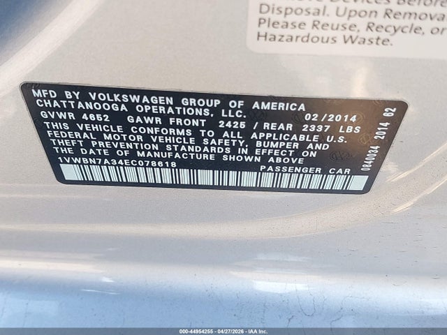 Продажа на аукционе авто 2014 Volkswagen Passat 2.0l Tdi Se, vin: 1VWBN7A34EC078618, номер лота: 44954255